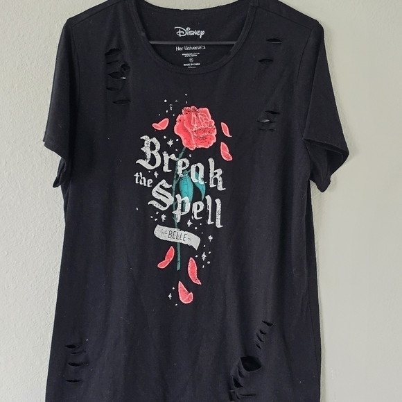 Disney Tee Shirt Women XL Black Beauty & The Beast Break The Spell Distressed - Picture 2 of 14